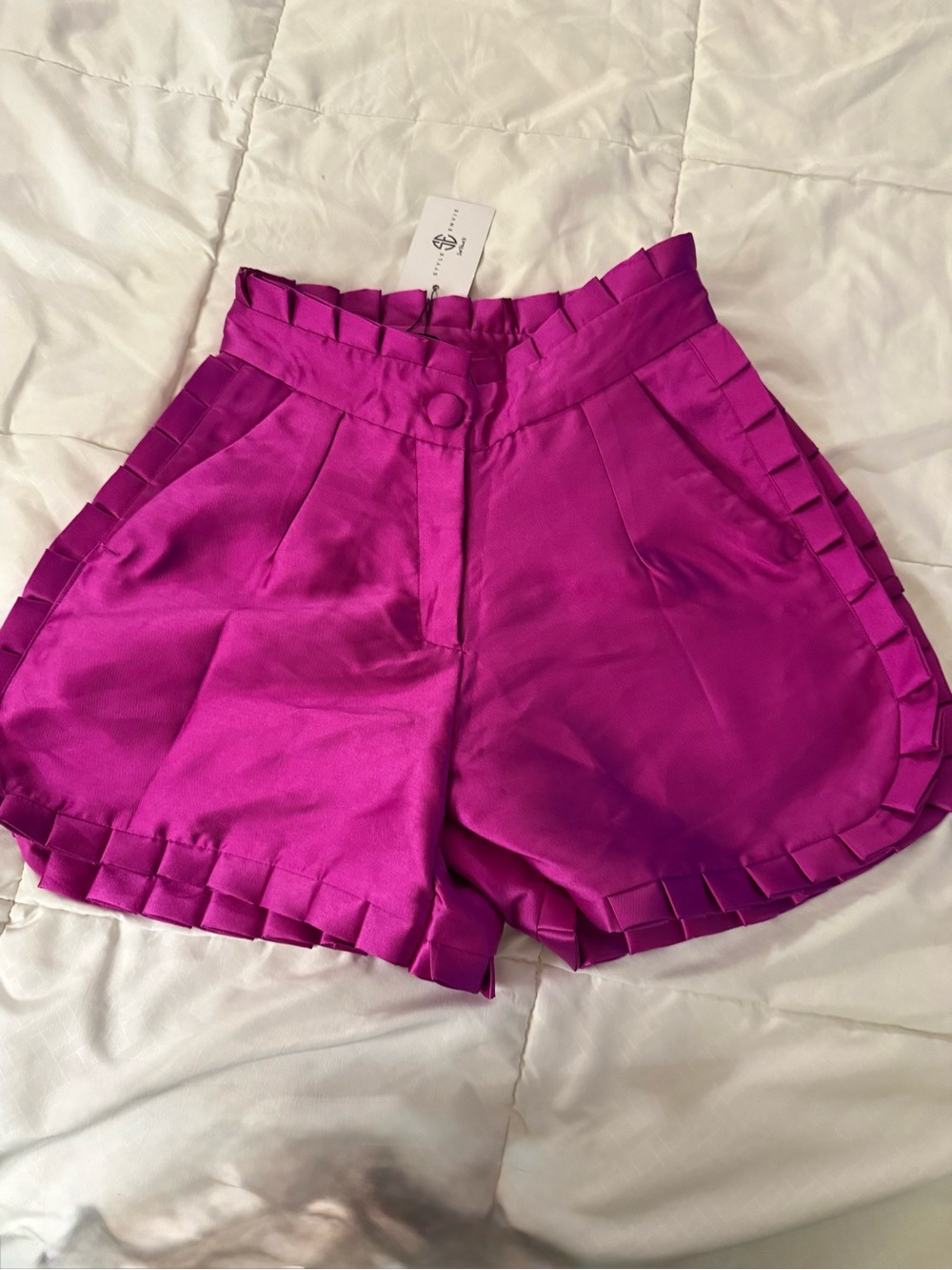 High-Rise Satin Shorts in Fuchsia with Pleated Trim